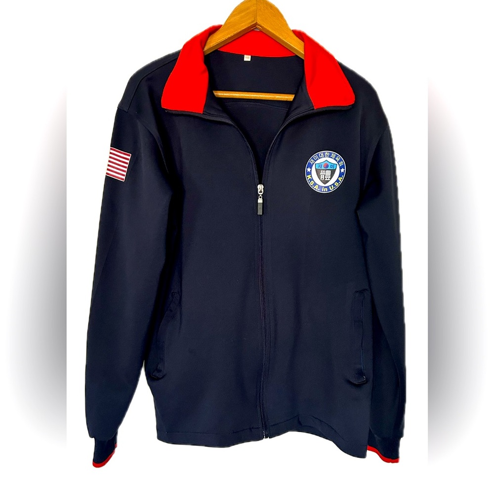 Navy Performance Full-Zip Jacket with Red Contrast Collar